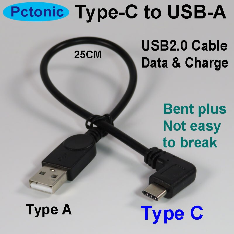 PCTONIC-cable de alimentación de datos macho de tipo C a USB-A, Conector de plegado de codo en ángulo recto de 90 grados, Cable corto de 25CM para banco de energía