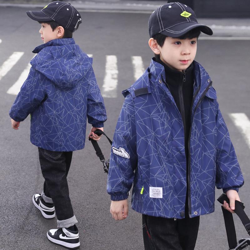 Boy's autumn/winter with removable triad ski-wear, add wool trench coat cuhk middle-aged children's jacket, 6-12 years old: Blue / 5