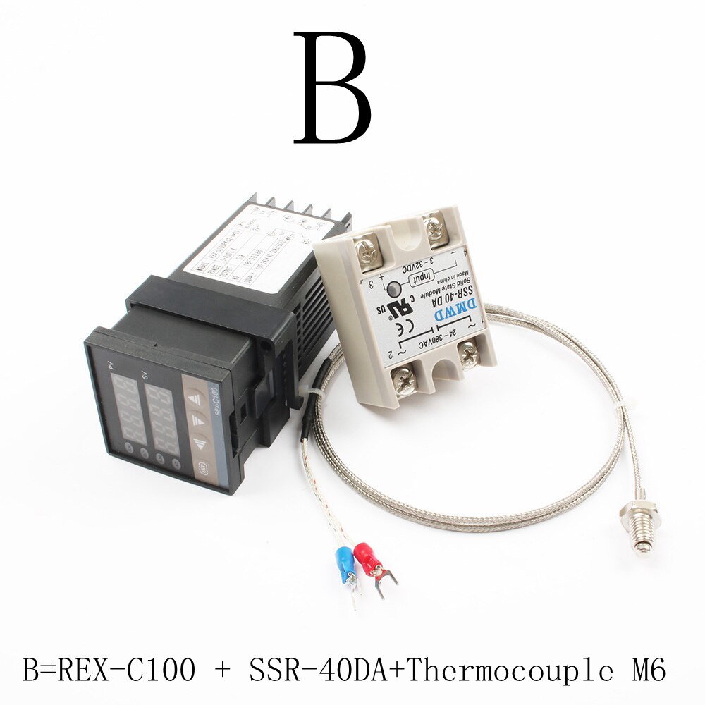 Digital 110V~240V PID REX-C100 Temperature Controller + max.40A SSR Relay output + K Thermocouple PID Controller Set Heat Sink: B