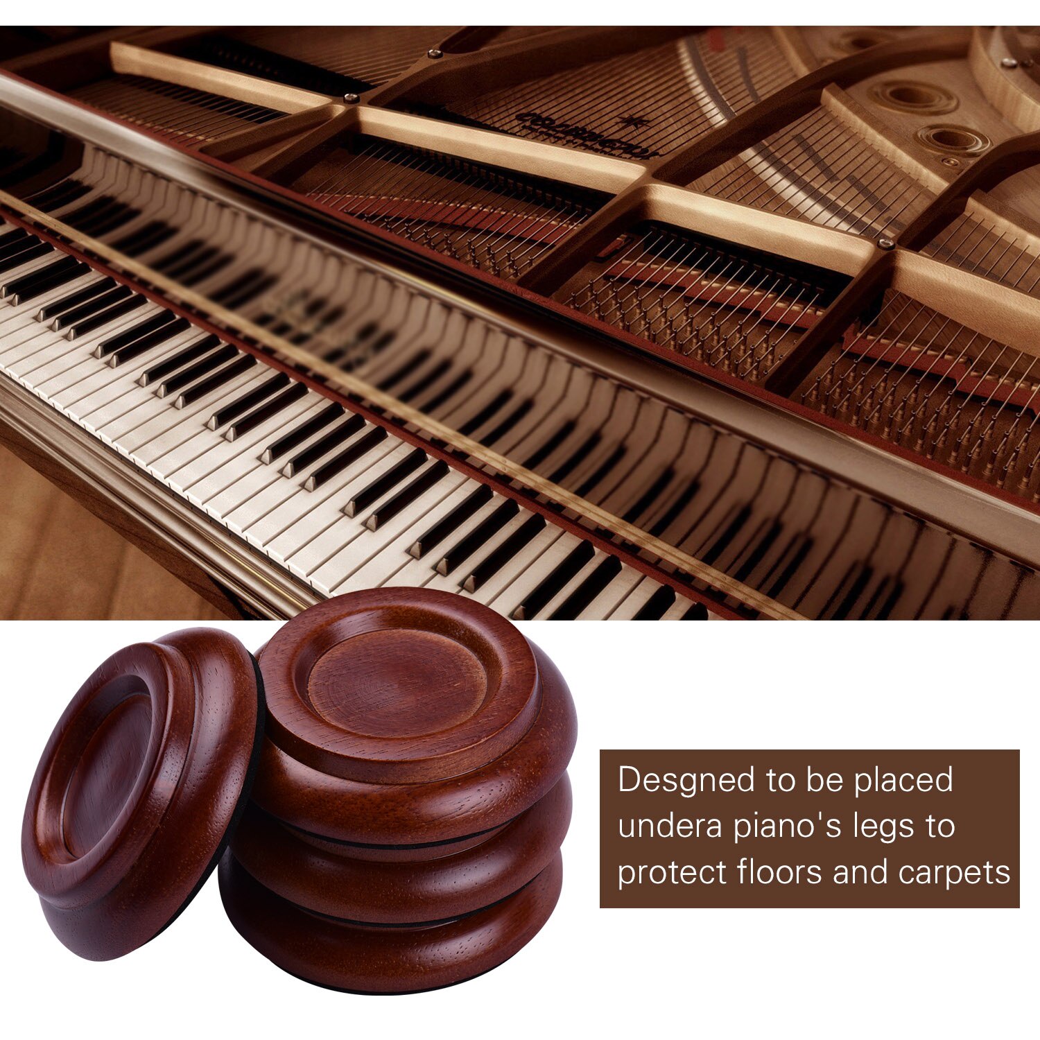 4 st/set massivt trä upprättstående pianohjul koppar underlägg med anti-halk eva pad