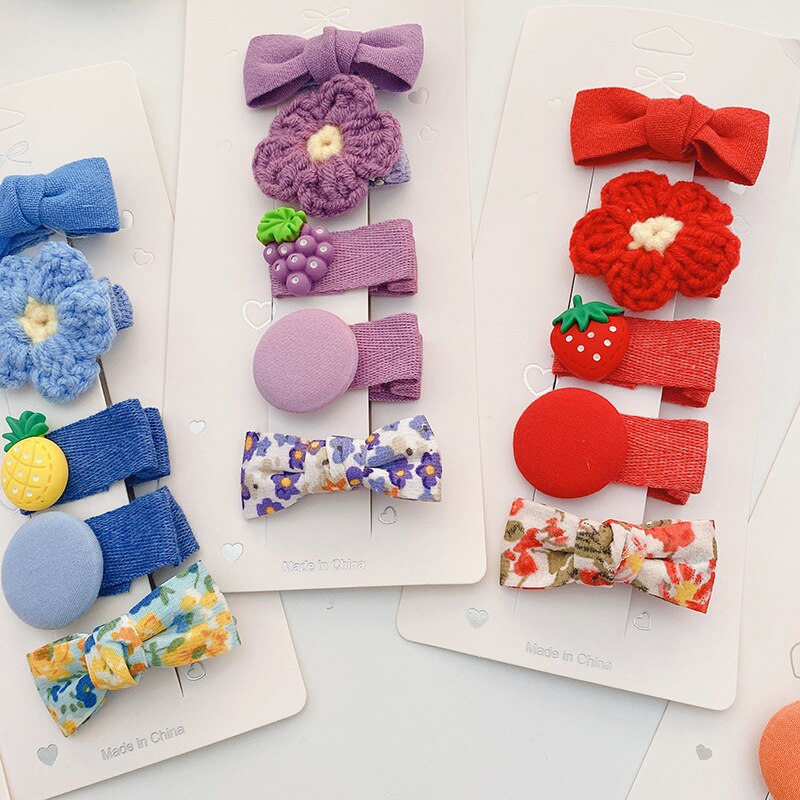 5 pçs bonito arco flor doce crianças hairpins kint woolen artesanal barrettes clipe de cabelo arcos para o bebê conjunto menina