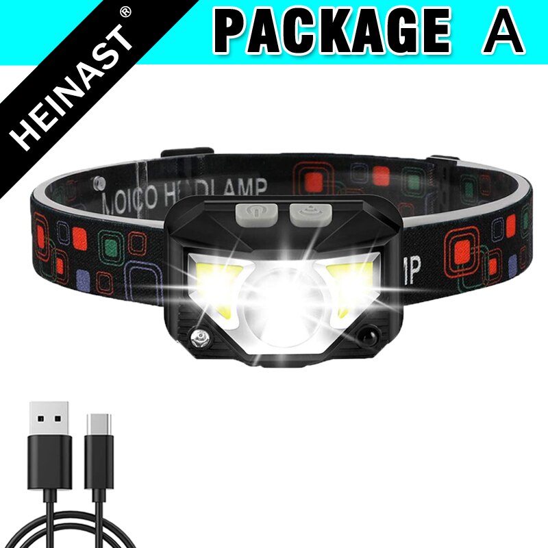 COB LED Headlamp USB Rechargeable Head Lamp with Built-in Battery Motion Sensor Inductive Headlight Multi-Mode Camping Light: A Packing