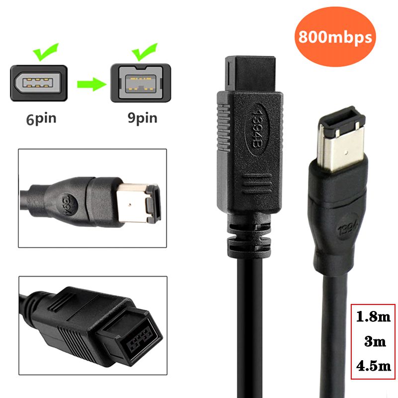 6/9 ieee 1394 firewire 800 to firewire 400 firewire 6- pin connector to 9- pin connector data cable 1394- cable 1,8 m 3 m 4,5 m