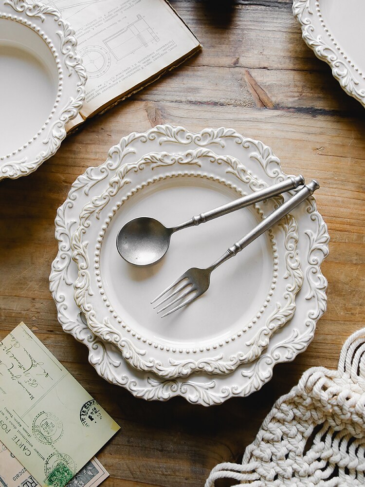 Assiette à dîner en céramique 8-10 ", Style Baroque français rétro, en relief, de Style palais, vaisselle européenne, assiettes à dîner occidentales, bol à soupe