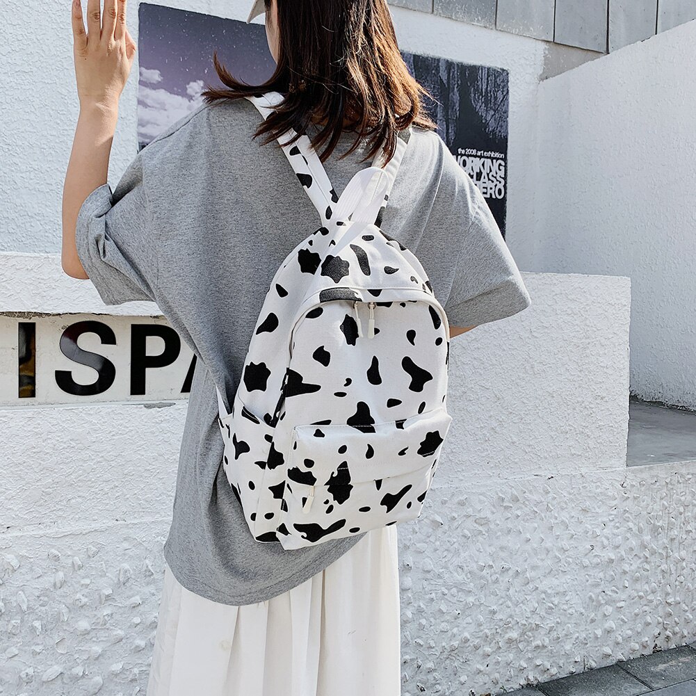 Women Multi-pocket Backpack Cow Milk Pattern Large Capacity Backpack Canvas Daily School Bag For Teenager Girls