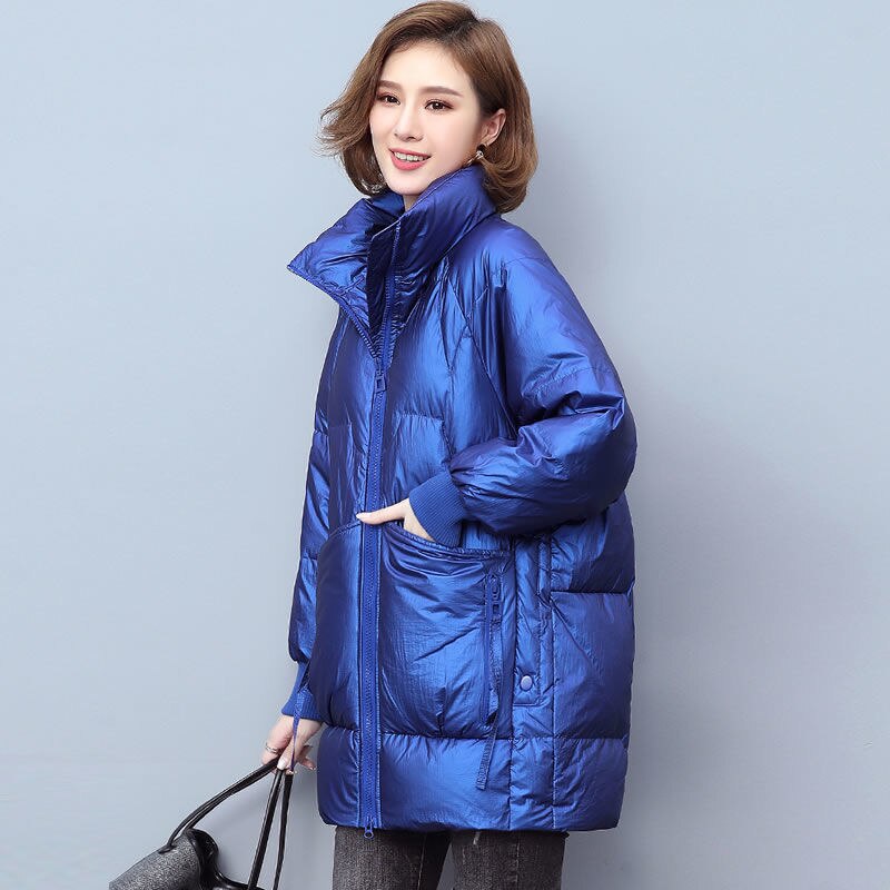 Doudoune mi-longue en coton pour femme, vêtement ample et fin, couleur unie, Version coréenne, à la , hiver: Bleu / L 55-62.5kg