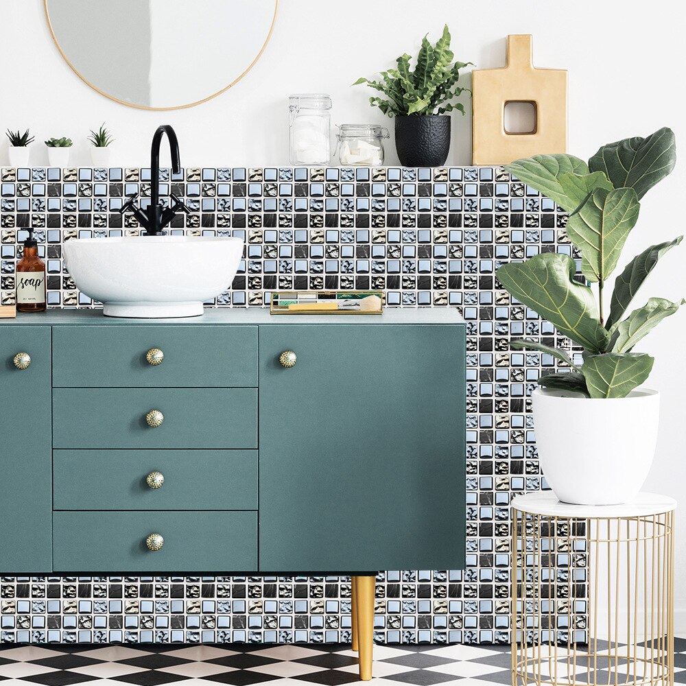 Metallic Feel Mosaic Simulation Tile Wall Stickers Transfers Covers for Kitchen Tables Floor Wall Decals Removable PVC Wallpaper