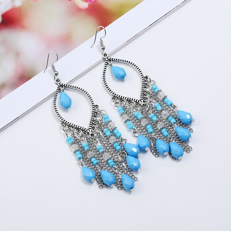 Boho Colorful Resin Beads Tassel Dangle Earrings for Women Long Bohemia Acrylic Earrings Jewelry Accessories: E1591-Blue