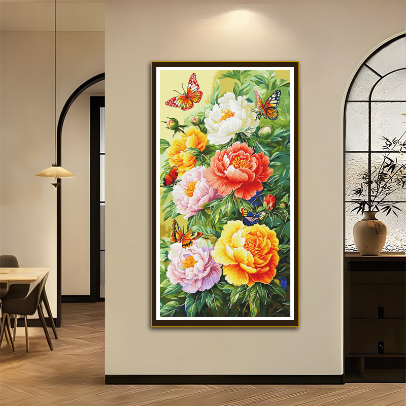 Un kit de punto de cruz con un patrón de peonía floreciente, decoración del hogar de estilo vertical, bordado impreso DIY, mariposa y hermoso paisaje floral, adecuado para entusiastas hechos a mano, kit de material de bordado: Default Title