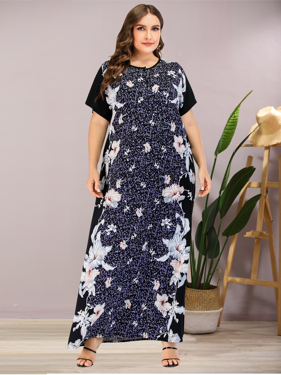 Zomer Vrouwen Casual Korte Mouw Bloemenprint Tank Maxi Jurk Plus Size Losse Abaya Kaftan Ramadan Gewaad Marokkaanse Gown VKDR2116