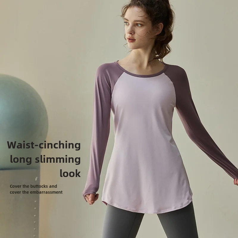 Ademende kleurblok sport yogaset met lange mouwen voor dames afslankende fitnesskleding hoge esthetische waarde