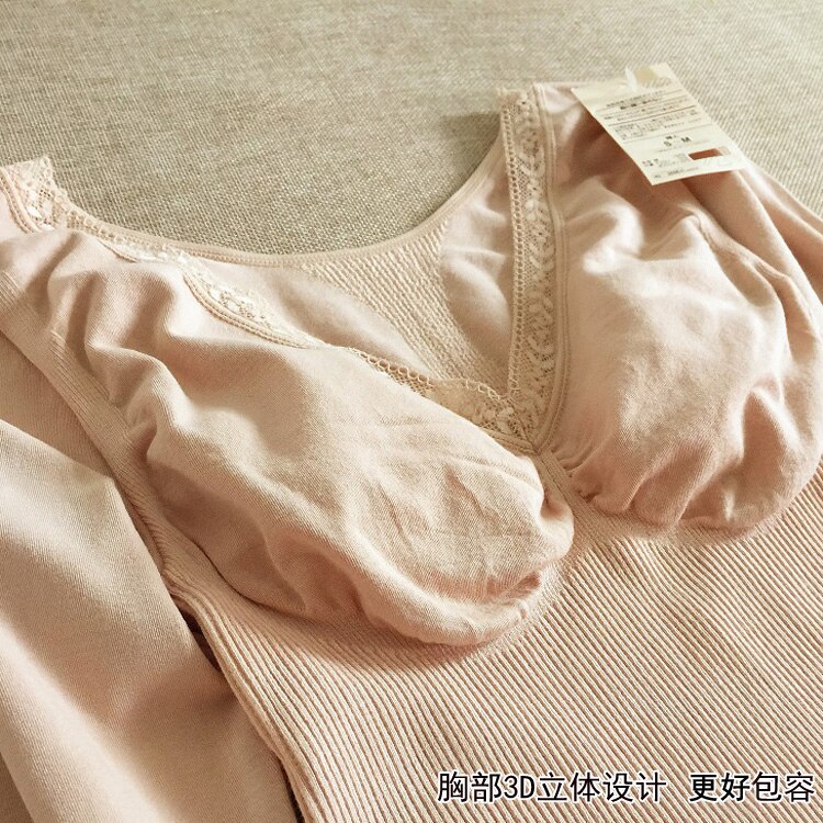 Autumn and winter cotton shaping thermal underwear for women Heating fiber long sleeve v neck lace Body tight shirt single shirt