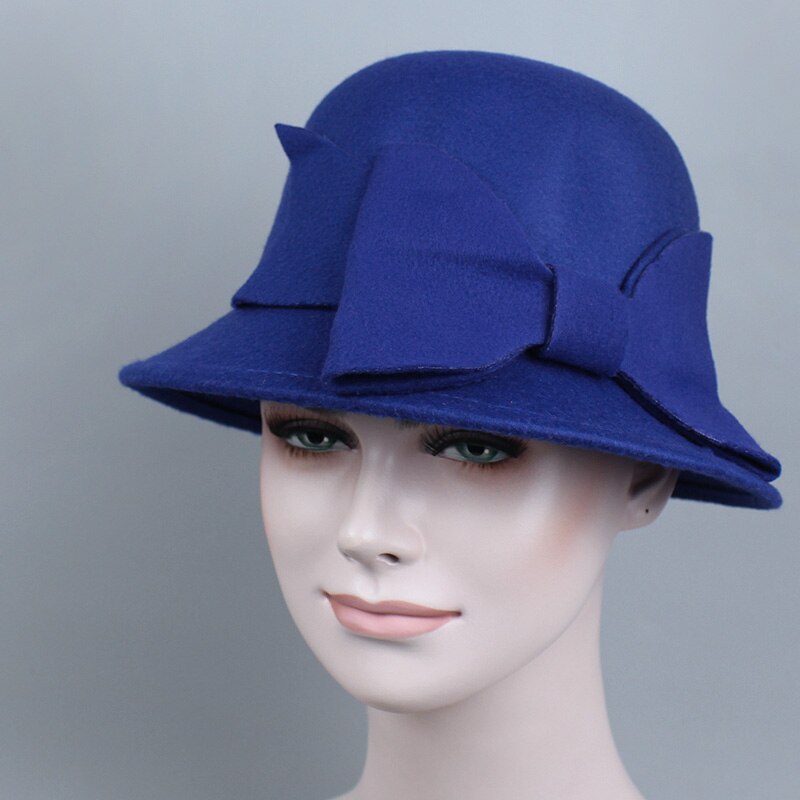 Merk retro dames dames fedora's top jazz hoed winter herfst pet katoen imitatie wollen bolhoeden ronde strik petten: Blauw