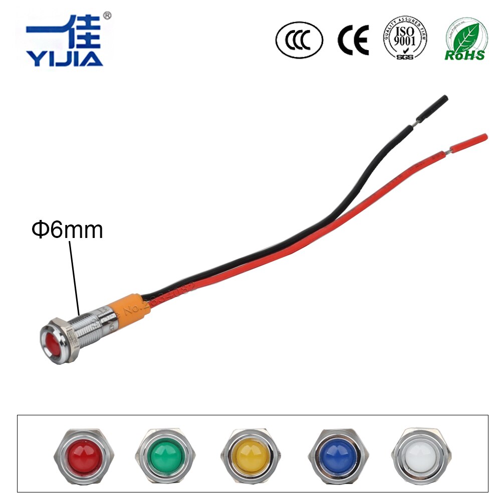 6mm Metal Indicator light LED Signal Lamp Warning light with Wire 6V 12V 24V 220V 110V Red yellow green blue white Waterproof
