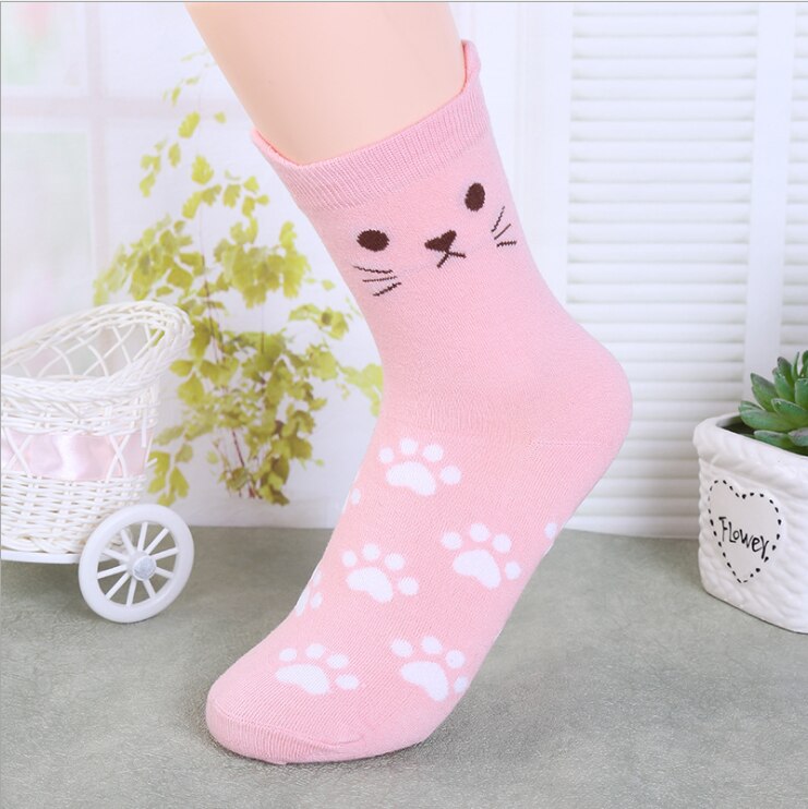 5 Pairs Leuke Harajuku Vrouwen Sokken Set Cartoon Print Katten Poot Patroon Katoenen Sokken Met Kat Oren Voor Vrouwen herfst Sokken