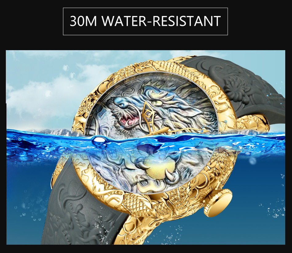Reloj de cuarzo con escultura de dragón 3D para hombre, cronógrafo de oro negro, resistente al agua, esfera grande, , de pulsera, grabado en 3D