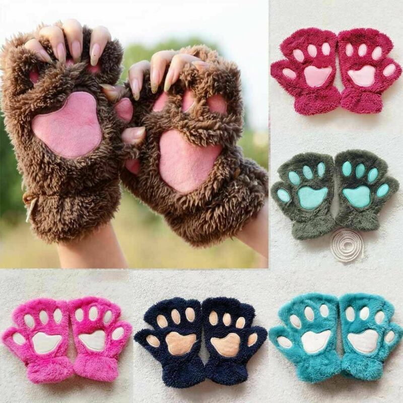 Gants pour demi-doigt Costume noir et Beige | de femmes, griffe de chat, patte de chat, peluche chaude et douce, ours moelleux court