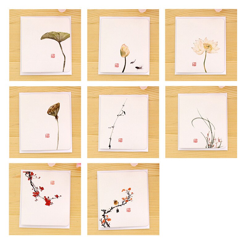 5pcs Blessing Card Chinese Classical Greeting Card Ink Paintings Wedding Invitations Greeting Cards With Envelope Message Card