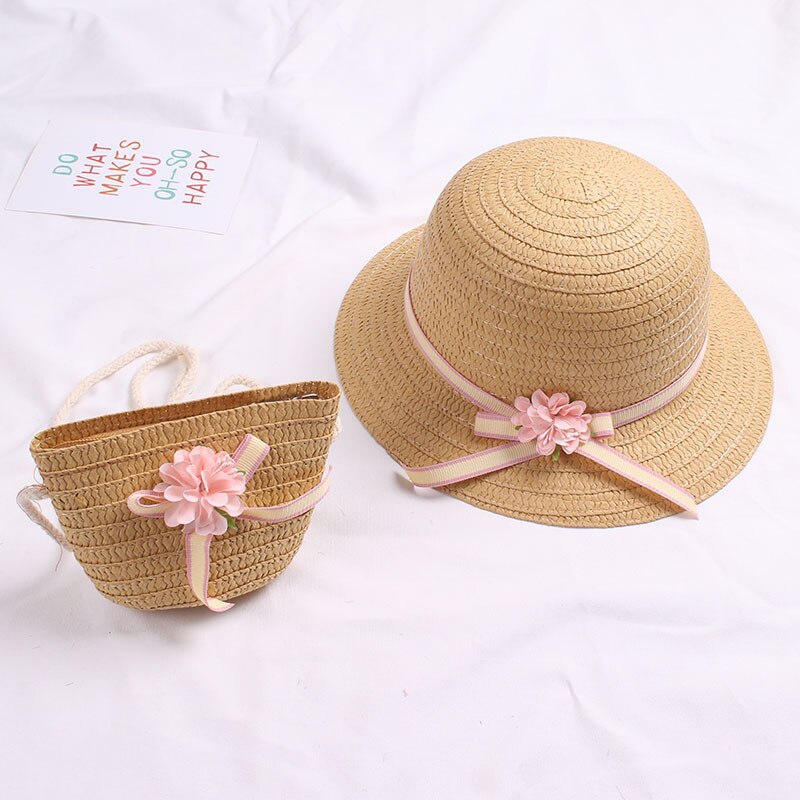 Zomer Baby Bloem Ademend Strohoed Met Handtas Tassen Kids Hoed Jongen Meisjes Zonneklep Uv-bescherming Panama Hoed gorras