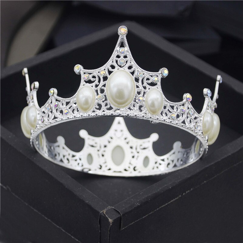 Baroque Royal King Diadem Men Crystal Pearls Metal Tiaras Wedding Crown Hair Jewelry Big Head Ornaments Prom Party Accessories: Silver Plated