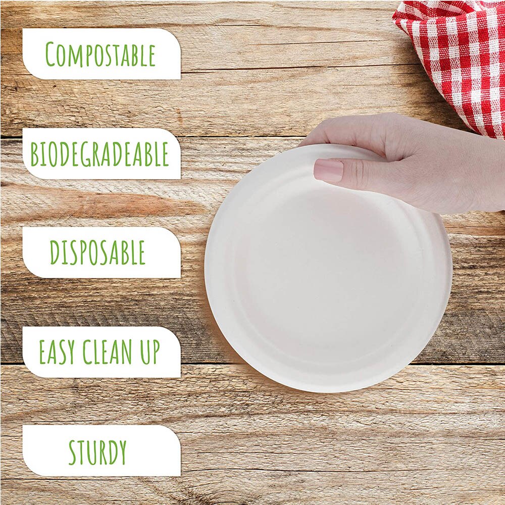 50 Disposable Plates Paper Heavy-Duty Tableware Compostable Plates Natural Sugarcane Bag-Like Fibers are 100% Biodegradable