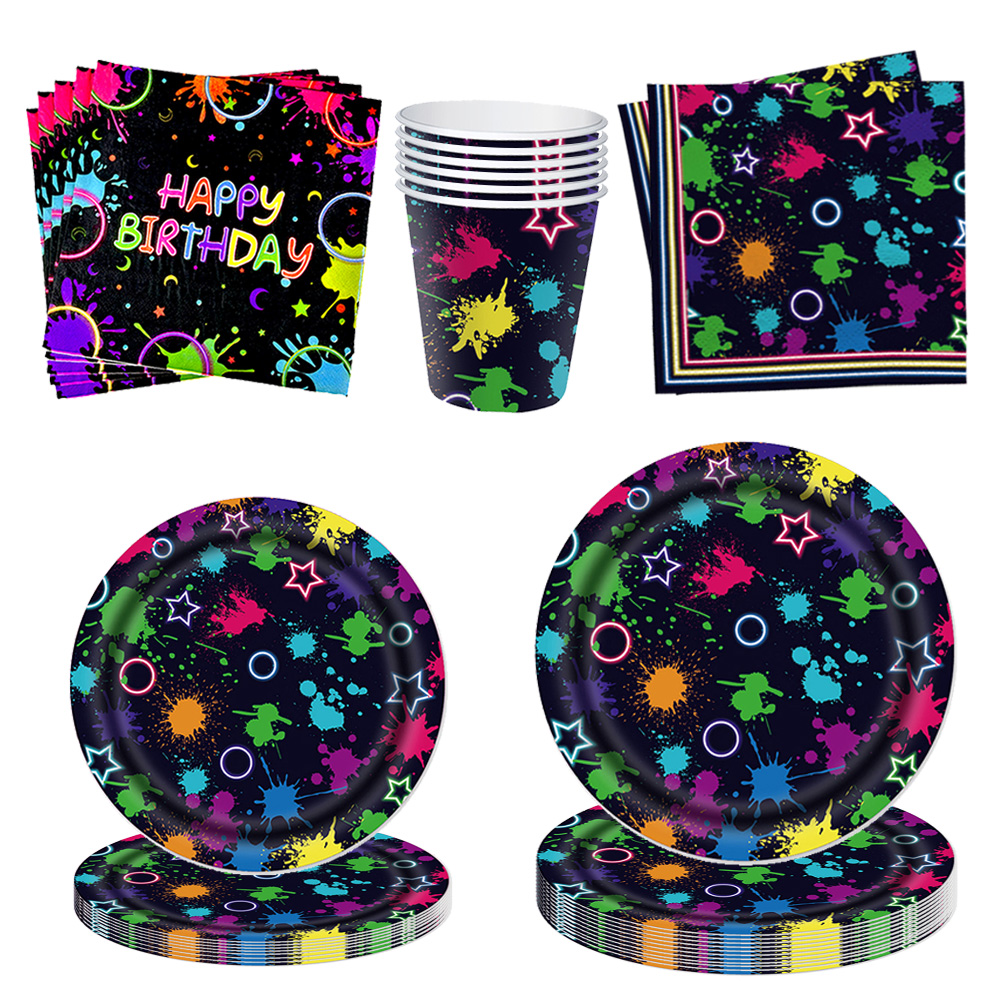 Neon festartikler tallerkener servietter kopper duker engangsservise neonglød bursdag fargerik graffiti festdekorasjoner