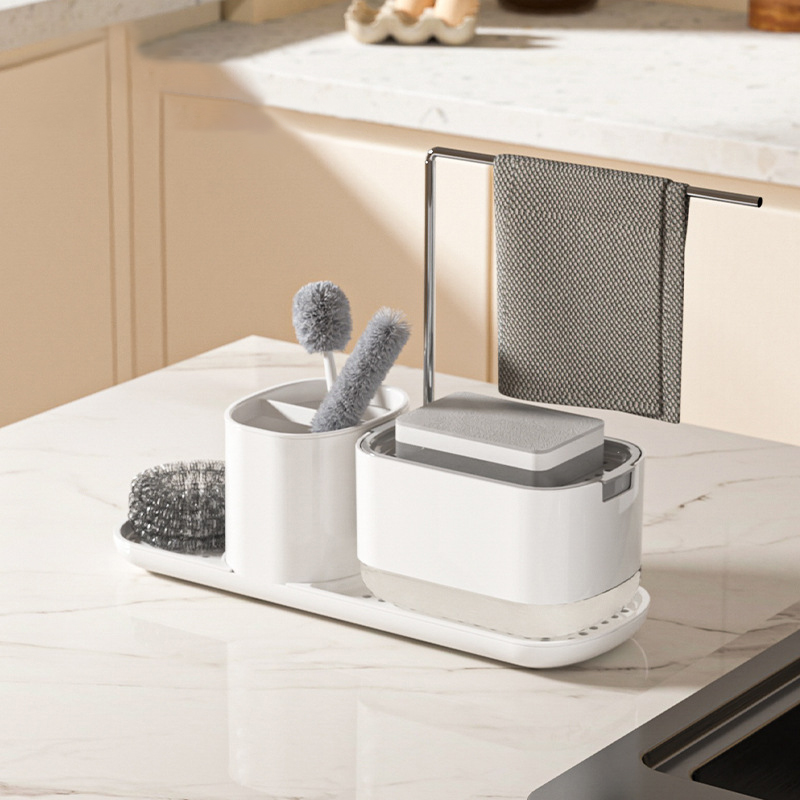 Ensemble distributeur de savon de cuisine avec plateau, porte-éponge, distributeur de savon pour la vaisselle et les mains, organisateur de rangement de cuisine, Gadgets de cuisine,: jaune clair