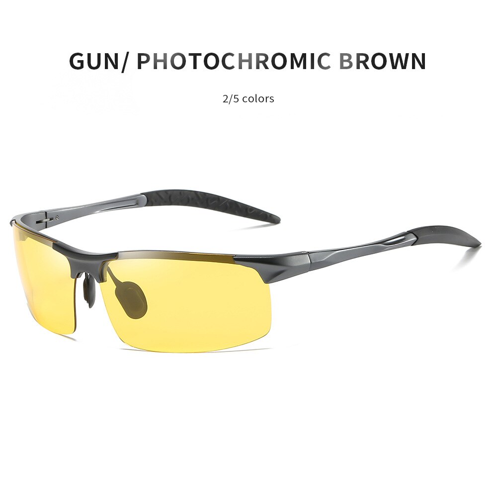 Herre aluminiums sports polariserede fotokromiske briller til kørsel dag nattsyn anti blænding gul til brun overgangs linse 5933: Pistol gulbrun