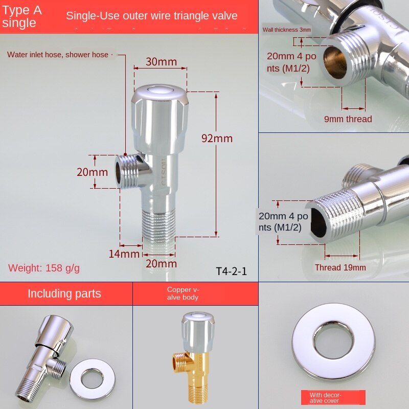 Válvula de ángulo de flujo grande especial para gas y agua heater1/2IN 3/4IN, núcleo de bola de diámetro abierto completo, interruptor de válvula de parada de agua fría y: T4-2-1