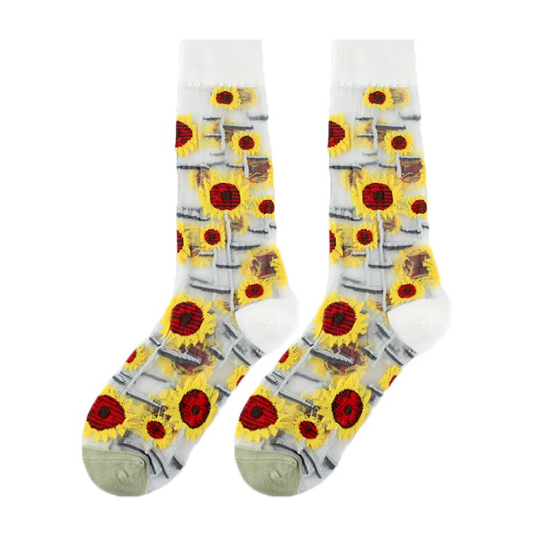 Calcetines divertidos de pájaro Floral de seda de cristal con Hipster francés para mujer, ropa de calle transparente, Calcetines divertidos artísticos de Jacquard Sokken: Oro