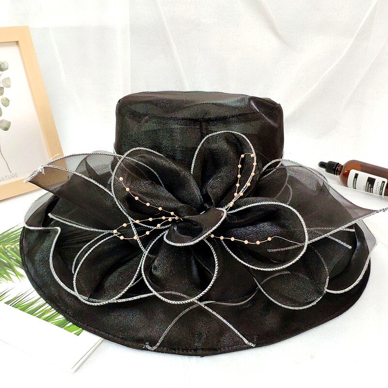 Women's Organza Church Fascinator Bridal Tea Party Wedding Hat Ladies Female Fedoras Solid Color Cute Outdoor Cap: Black
