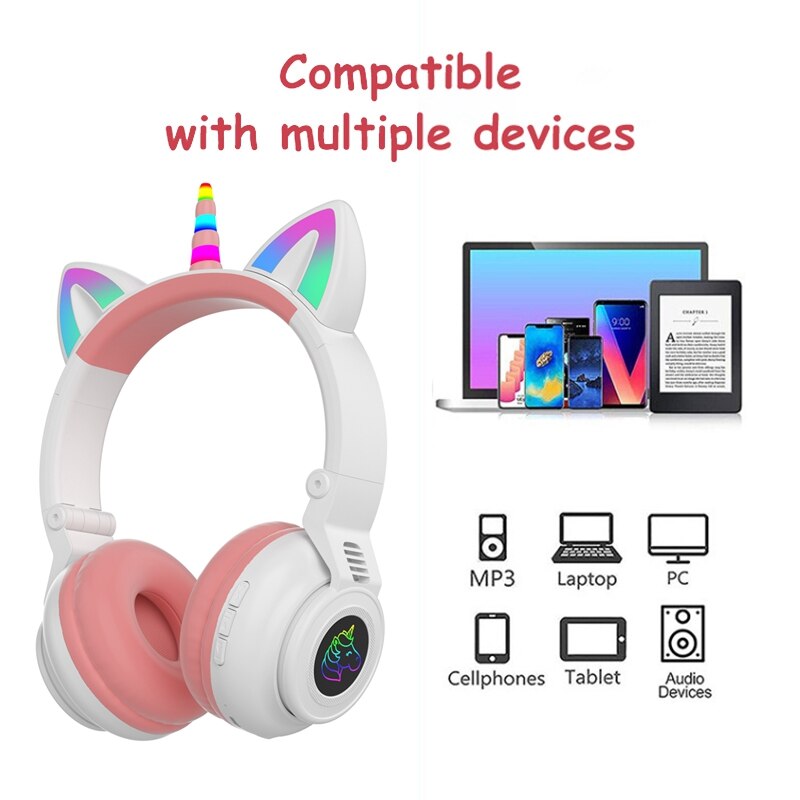 Söta enhörning trådlösa hörlurar med mikrofoner, styr rgb ljus barn tjejer musik stereo hjälm mobiltelefon headset