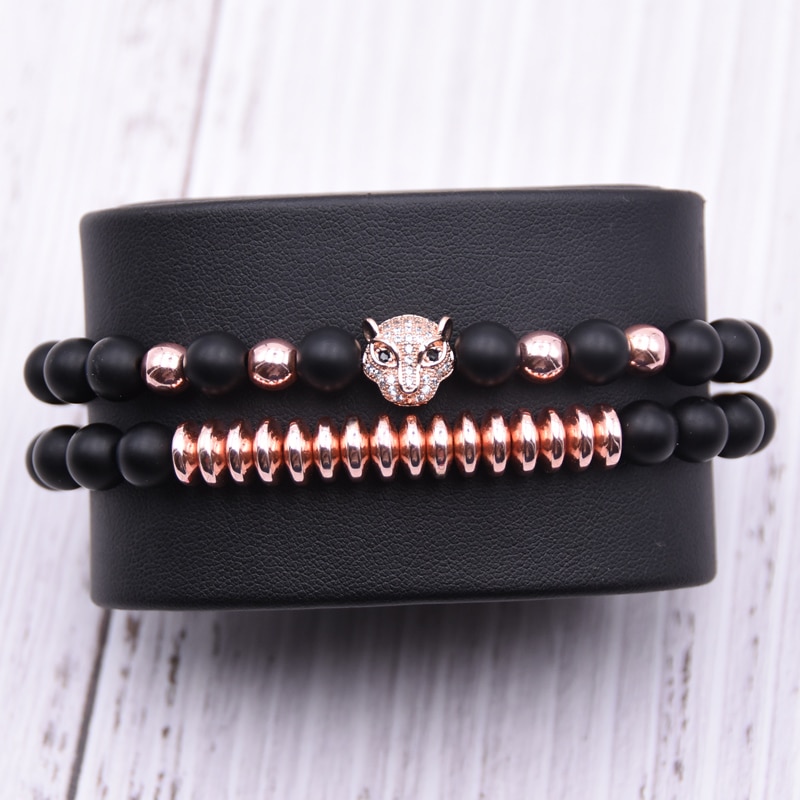 Men CZ Zirconia Leopard head Charms Bracelets 8mm Natural stone Matte Beads Bracelet For Women jewelry pulseras