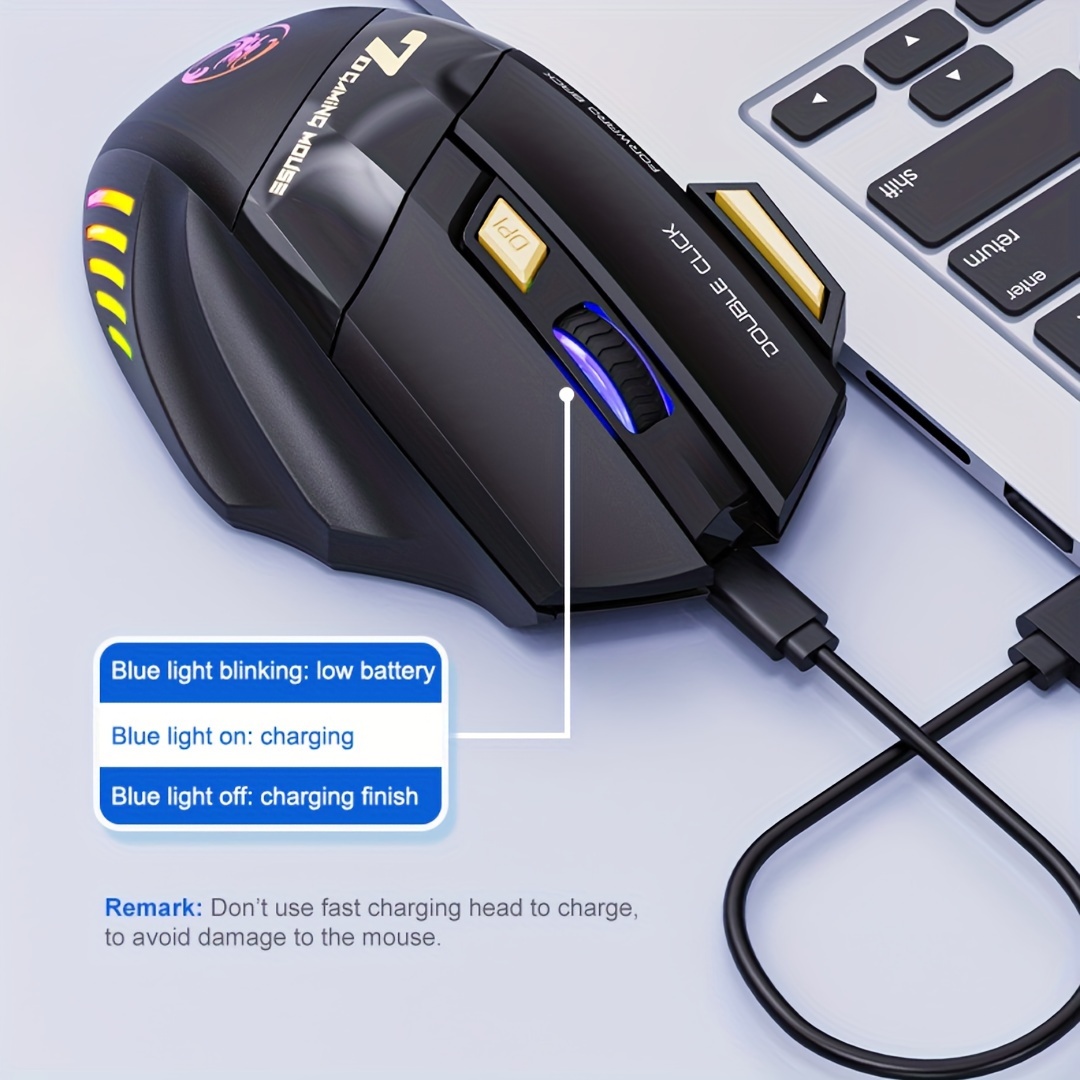 2.4G Wireless Gaming Mouse, Rechargeable Silent Wireless Mouse with 3200 DPI Adjustable,Double Click Key, Colorful RGB Lights