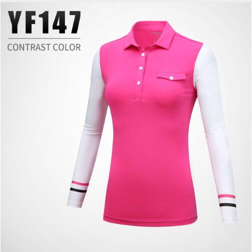 Efterår vinter kvinders golf t-shirt dame åndbar knap krave syning langærmet solcreme bund skjorter sportsbeklædning: Rød / S
