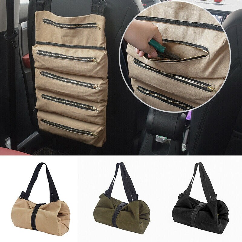 Mode Canvas Tool Roll-Up Tas Moersleutel Storage Carrier Pouch Auto Back Seat Organizer(Khaki Army groen Zwart)