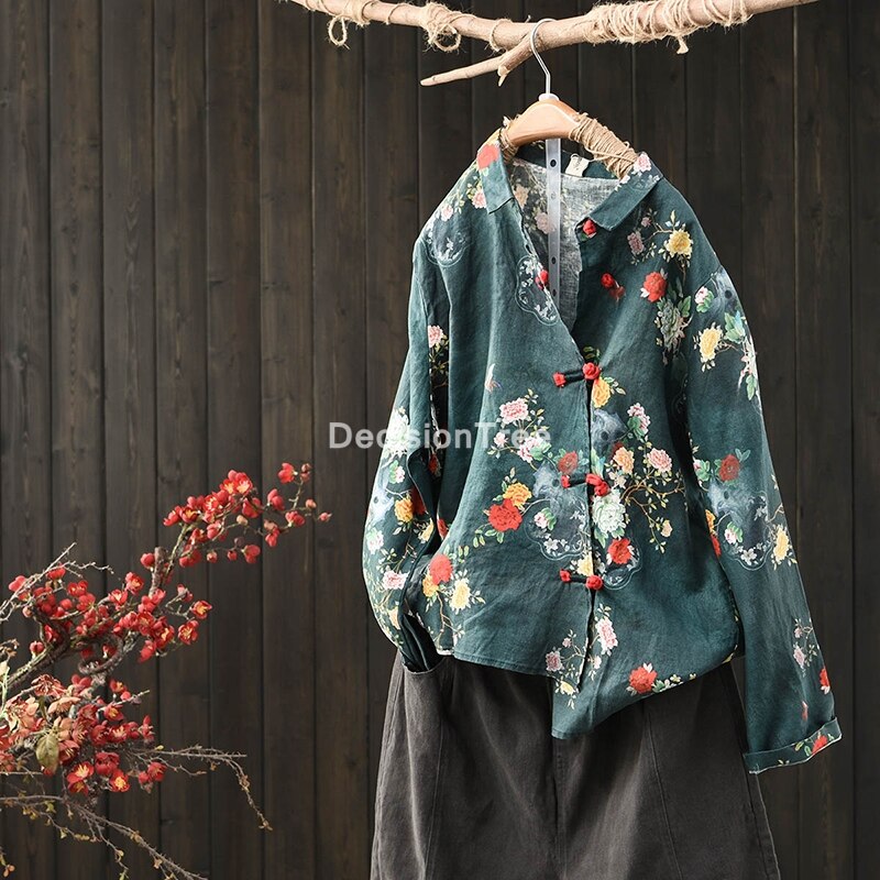 2022 woman traditional chinese clothing top retro flower print hanfu top women tops oriental tang suit chinese blouse: color1