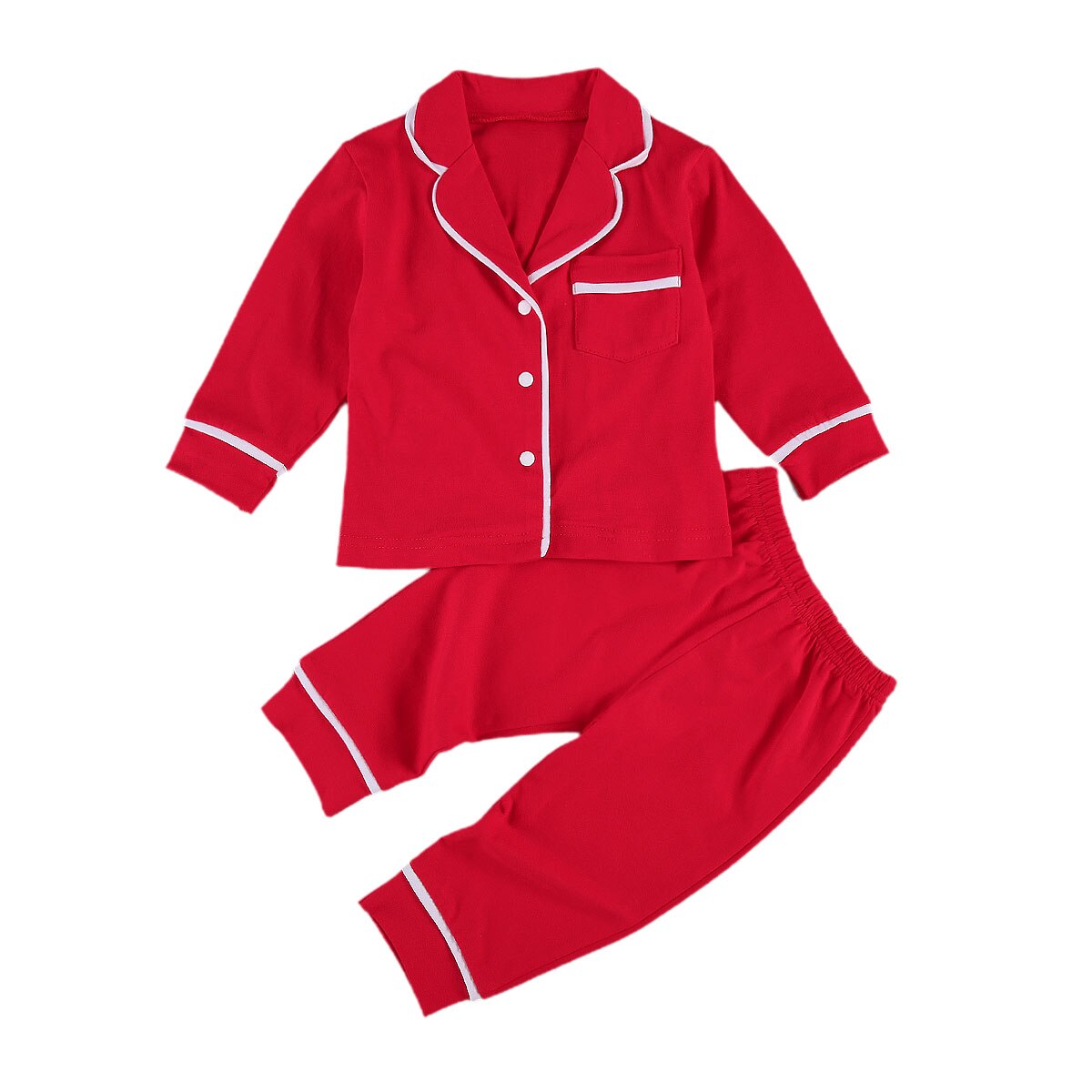 2- delige pyjamaset voor peuters, meisjes, jongens, lange mouwen, revers, knopen, overhemd, top en broek, katoenen casual, huiskleding, nachtkleding, nachtkleding: Rood / 12m