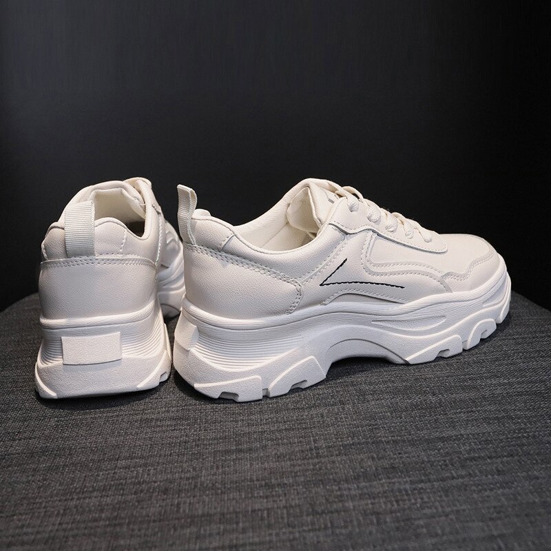 Chunky Sneakers Women Shoes Woman Flats Lace Up Thick Bottom High Heels Platform Students White Casual Shoes Plus Size: Beige / 7.5