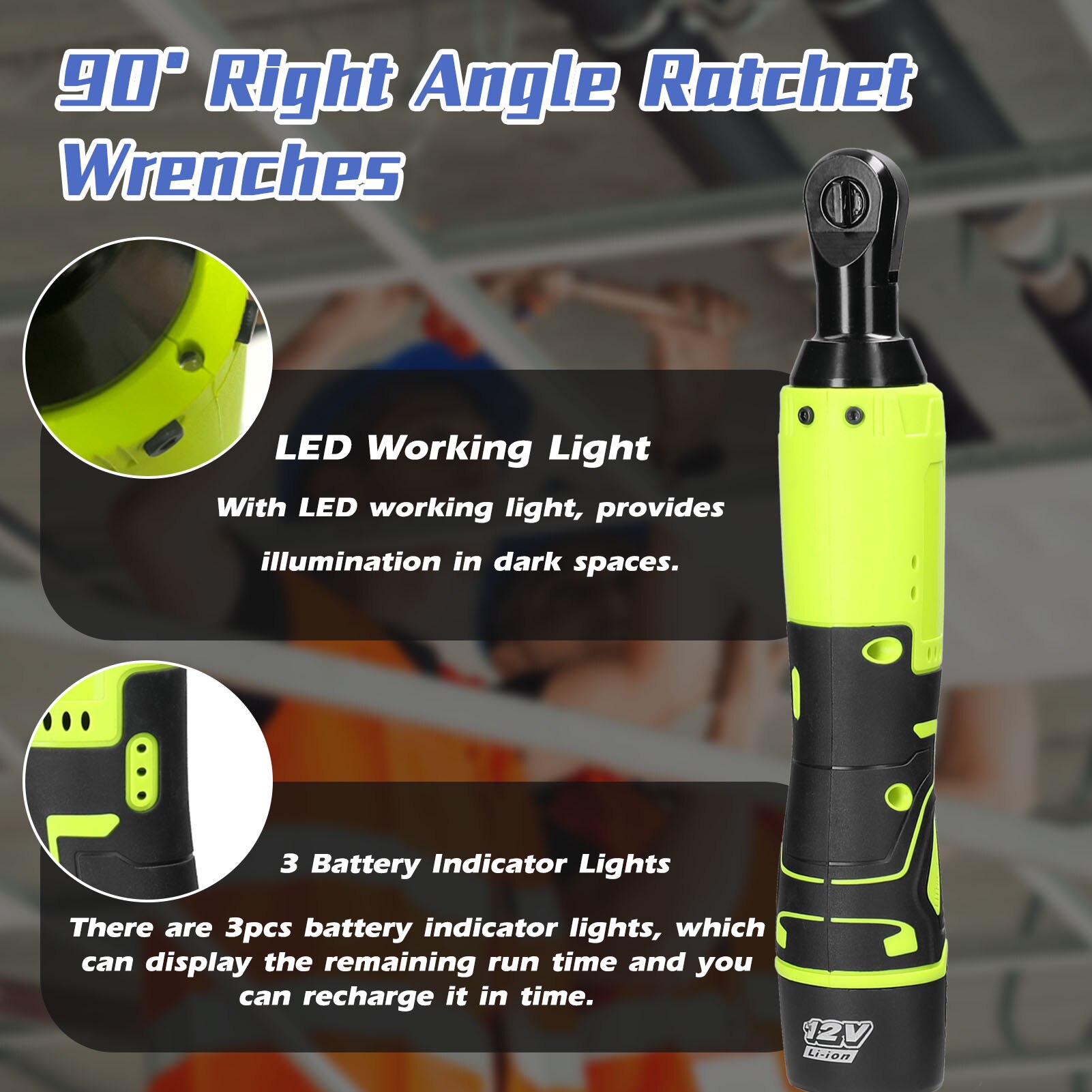 Multifunctional 12.0V Cordless Rechargeable Electric Wrench 3/8 Inch 90° Right Angle Ratchet Wrenches Handheld Driver Power Tool