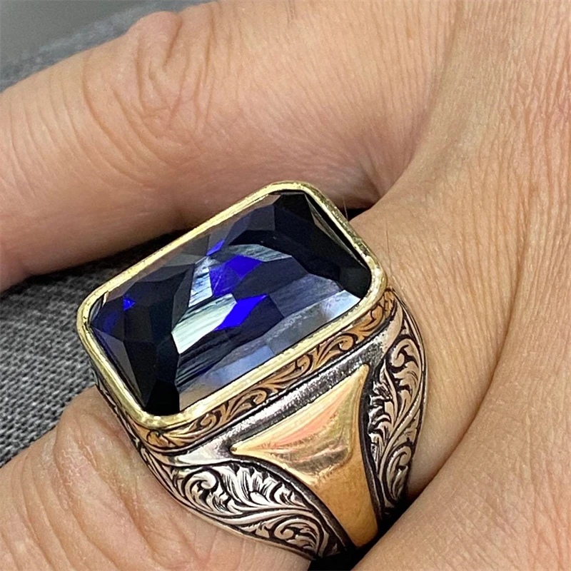 Anillos de piedra azul de Color dorado y plateado con geometría cuadrada delicada para hombre, de joyas de