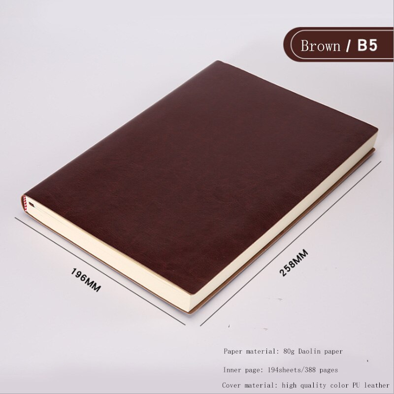 Soft Business Leather Diary Notebook A6 A5 B5 PU Travelers Journal Thicken School Office Meeting Record Notepad Handbook: B5 Brown