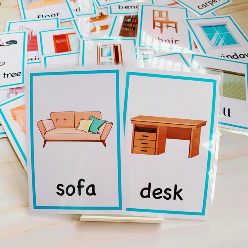 24pcs English Cognitive Flash Card Cartoon Furniture Daily Necessities Learning Word Cards Early Educational Memory Game For Kid