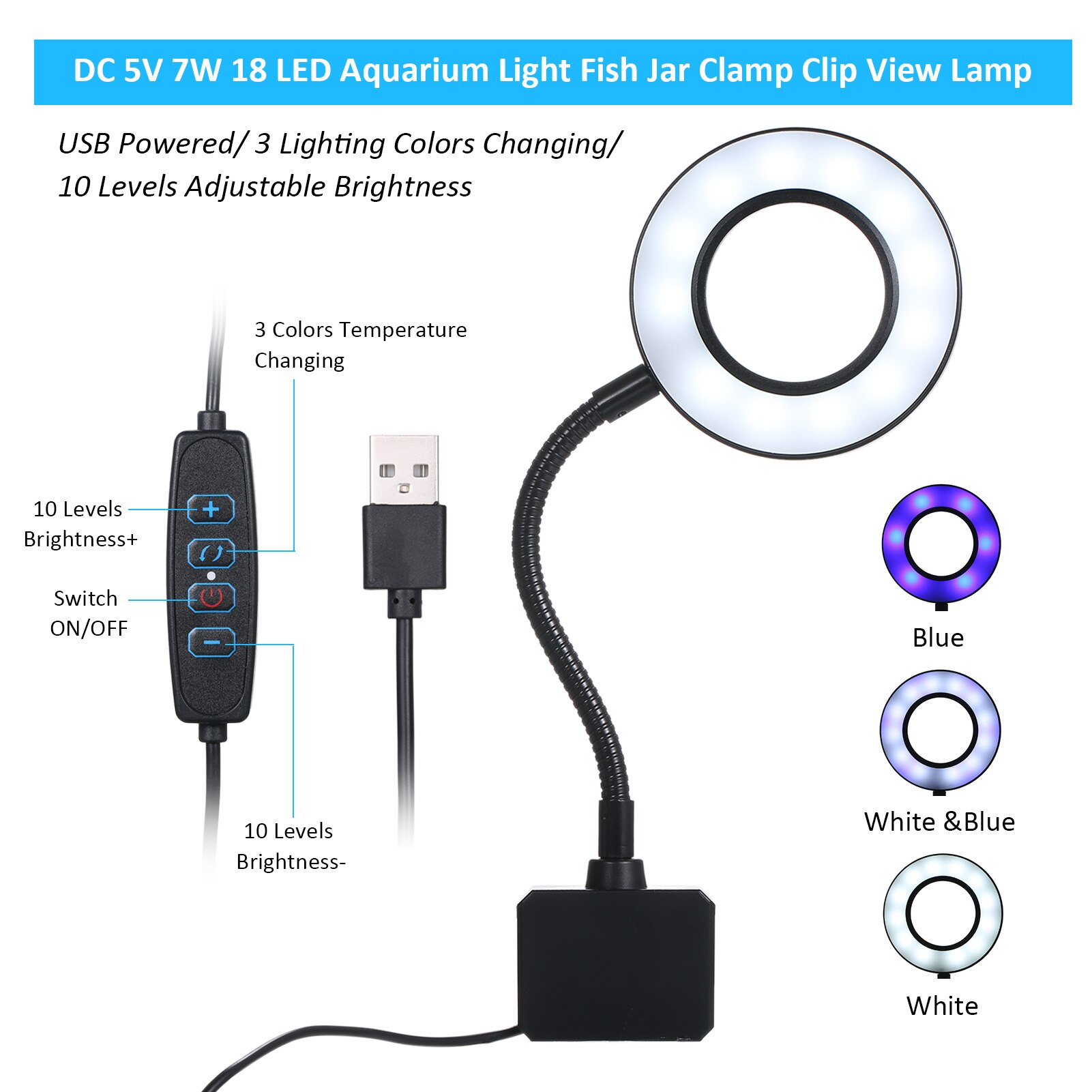 Usb  dc 5v 7w 18 led akvaario valo kalapurkki puristin pidike katselulamppu 3 väriä himmennettävä joustava joustava taitettava taitettava putki kannettava