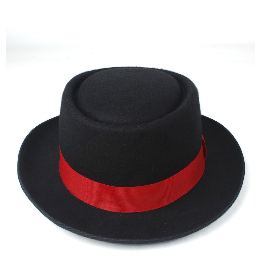 Unisex Men Women Pork Pie Hat with Red Ribbon Pop Jazz Hat Wool Flat Fedora Hat Size 58CM