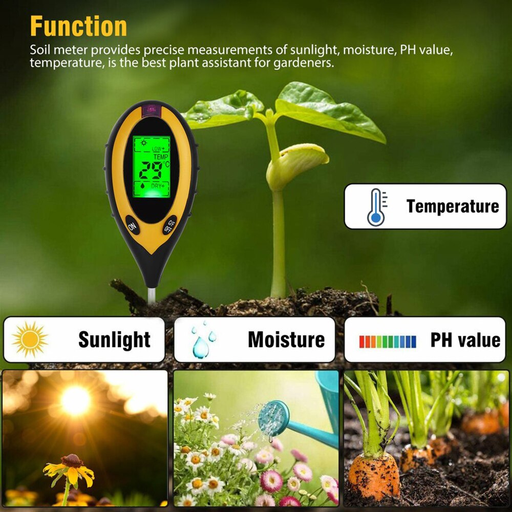 4-In-1 Digitale Bodem Ph Meter Vochtmeter Ph Niveaus Temperatuur Zonlicht Intensiteit Vochtigheid Tester Voor Tuin planten Zaaien