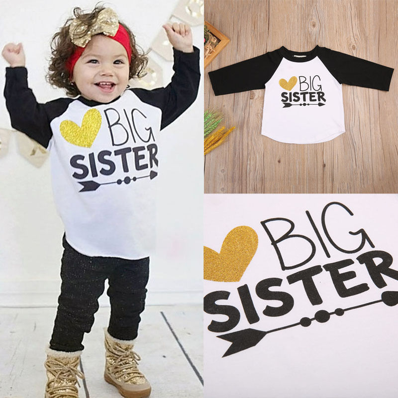 Baby Girls Clothes Summer Long Sleeve Cotton Kids Big Sister Letter T-Shirt Casual Child Clothing TShirt Top Blusa 2-7Y