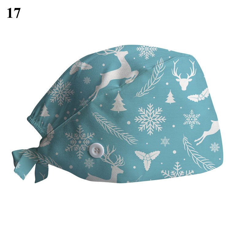 Kerstprint chirurgische muts voor dames heren verpleegstersmuts met knoop zweetabsorberende handdoek doktersmuts scrub muts gesp baotou muts: 17
