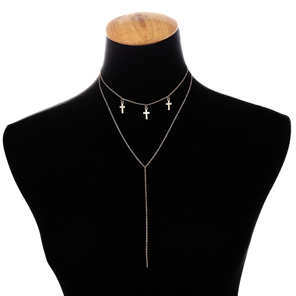 Eenvoudige Vrouwen Dubbele Laag Kruis Hanger Kwastje Ketting Ketting Partij Sieraden Vrouwelijke Bruiloft Sieraden: Default Title