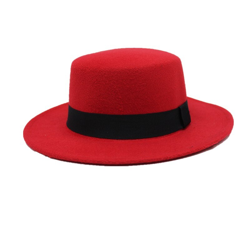 Seioum Brand Wool Boater Flat Top Hat For Women's Felt Wide Brim Fedora Hat Laday Prok Pie Chapeu de Feltro Bowler Gambler Top H: red